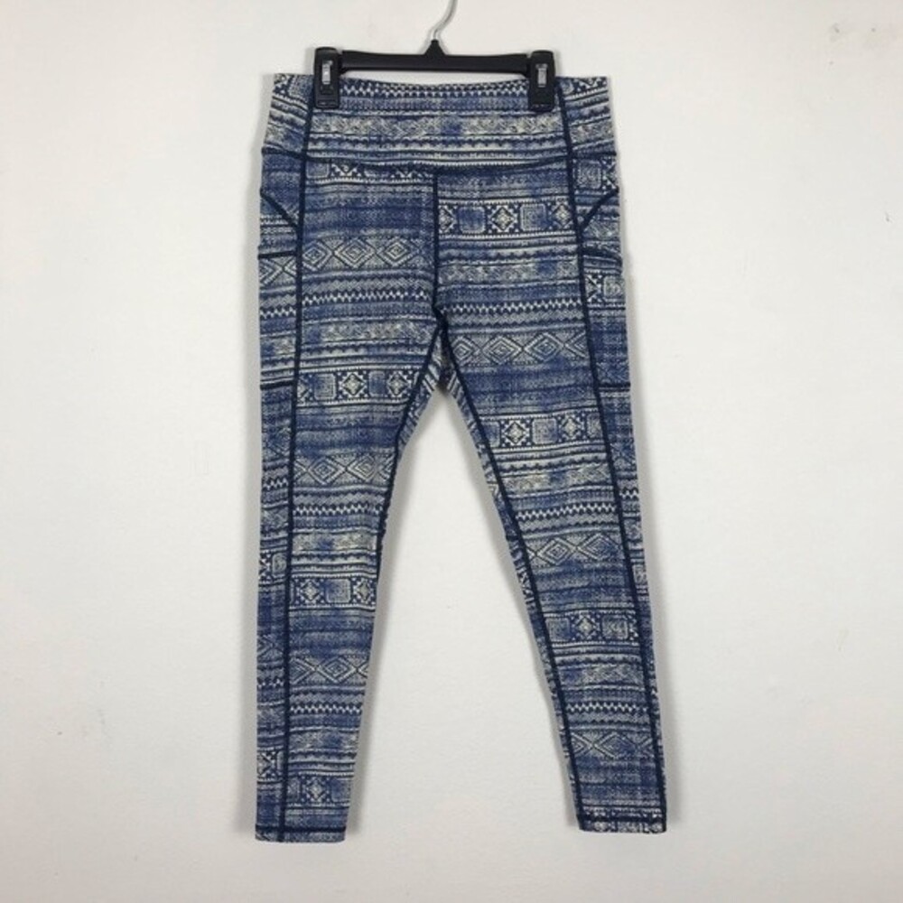 Hardcore Fitness Bootcamp Leggings Mid Hi Rise- Blue & Tan Diamonds- Size Medium